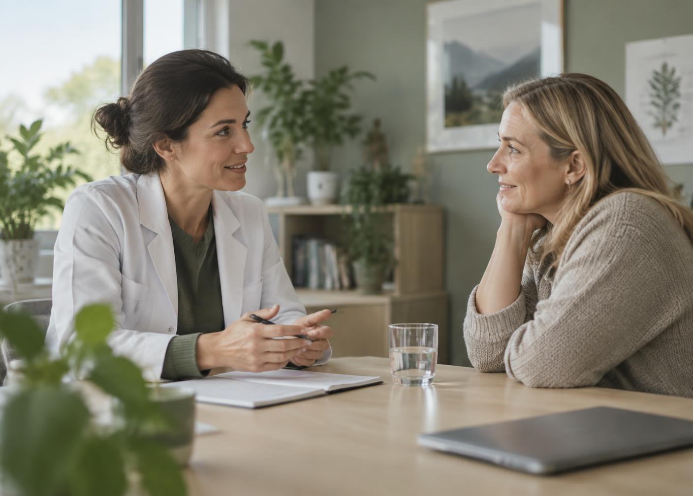 A health professional and a client in conversation across a table in a calm consulting room