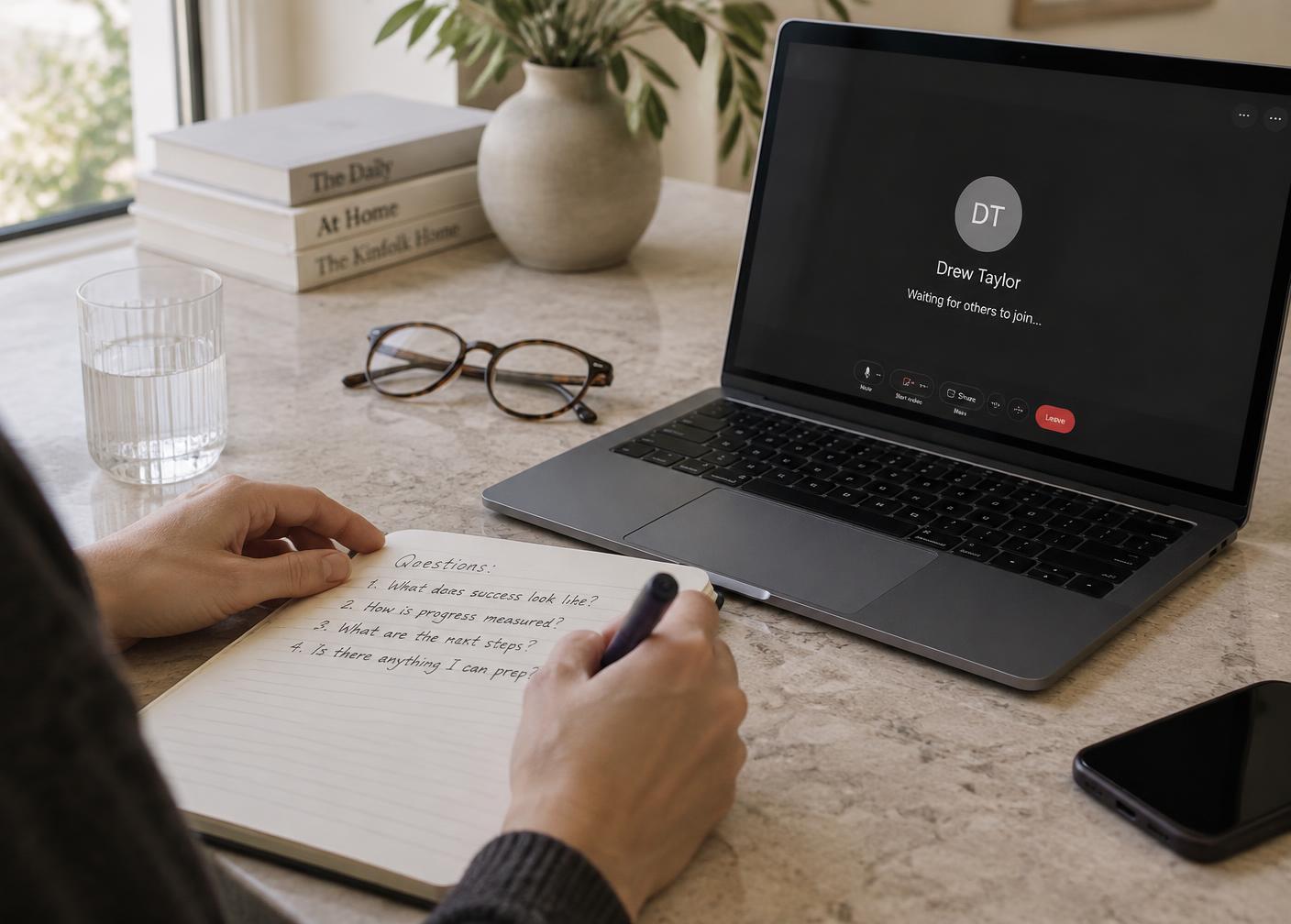 A person writing a list of questions in a notebook beside a laptop before an online appointment