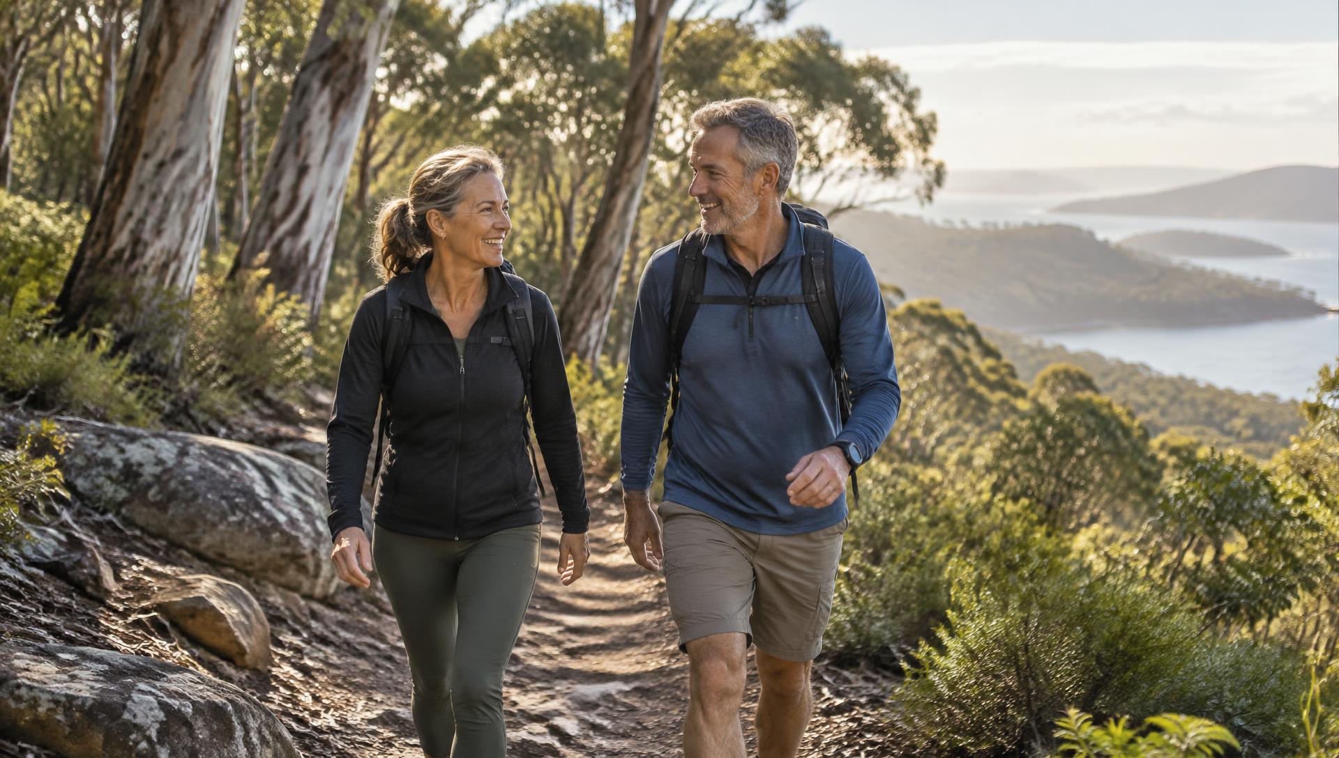 An active couple in their fifties walking a bush trail in morning light